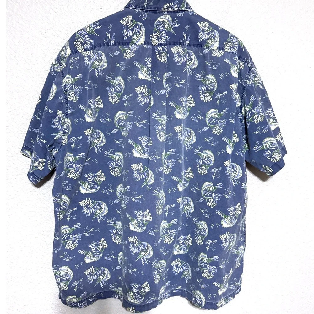 VTG J. Crew Oarsman Blue Marlin Fishing Short Sleeve‎ Camp Shirt Xl Floral Beach
